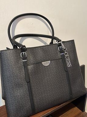 GUESS Gray Monogram Satchel with Silver Hardware